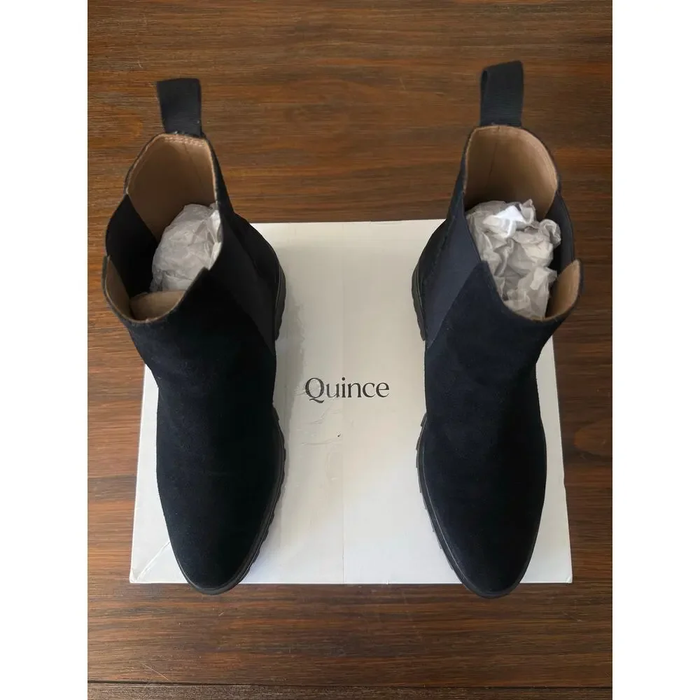 Quince Black Suede Leather Chelsea Ankle Boots Lug Sole Pointed Toe Classic 8